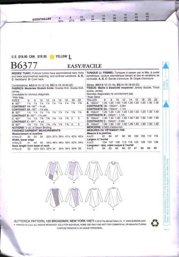 6377 UNCUT Butterick Sewing Pattern Misses Pullover Tunics Asymmetrical Hem OOP