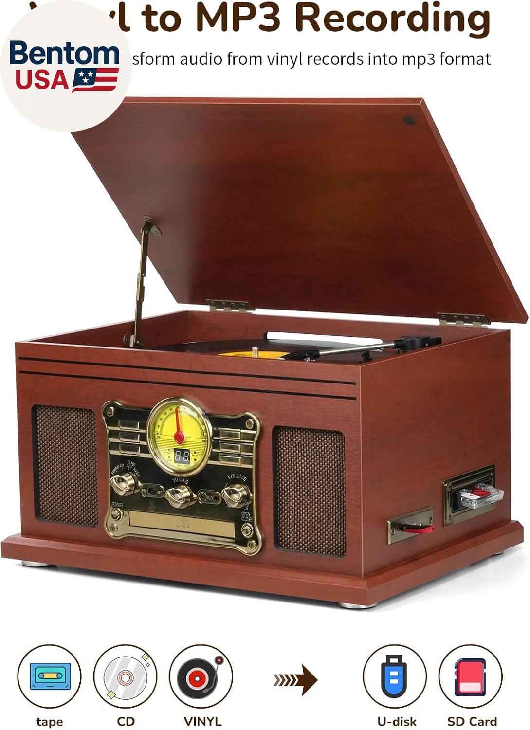 Bluetooth Record Player 10 in 1, 3-Speed Turntable for Vinyl with Speakers, LP t