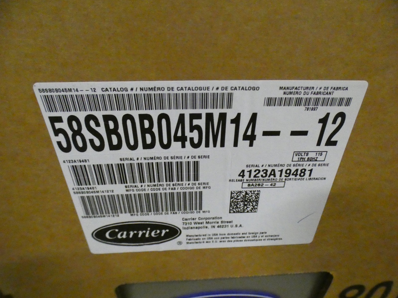 New Carrier Comfort 58SB0B045M14--12 80% AFUE 45000 BTUH Multi-Speed Gas Furnace