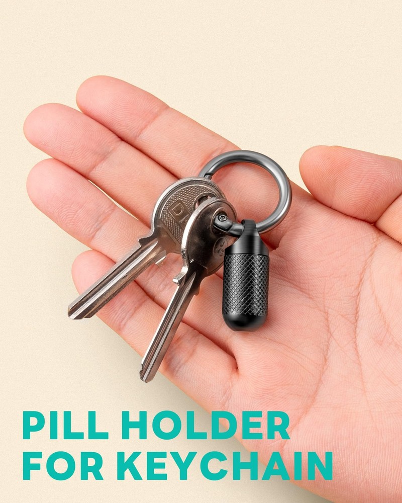 TISUR Small Pill Keychain Container, Mini Tiny Black-0.39 Inch, Black