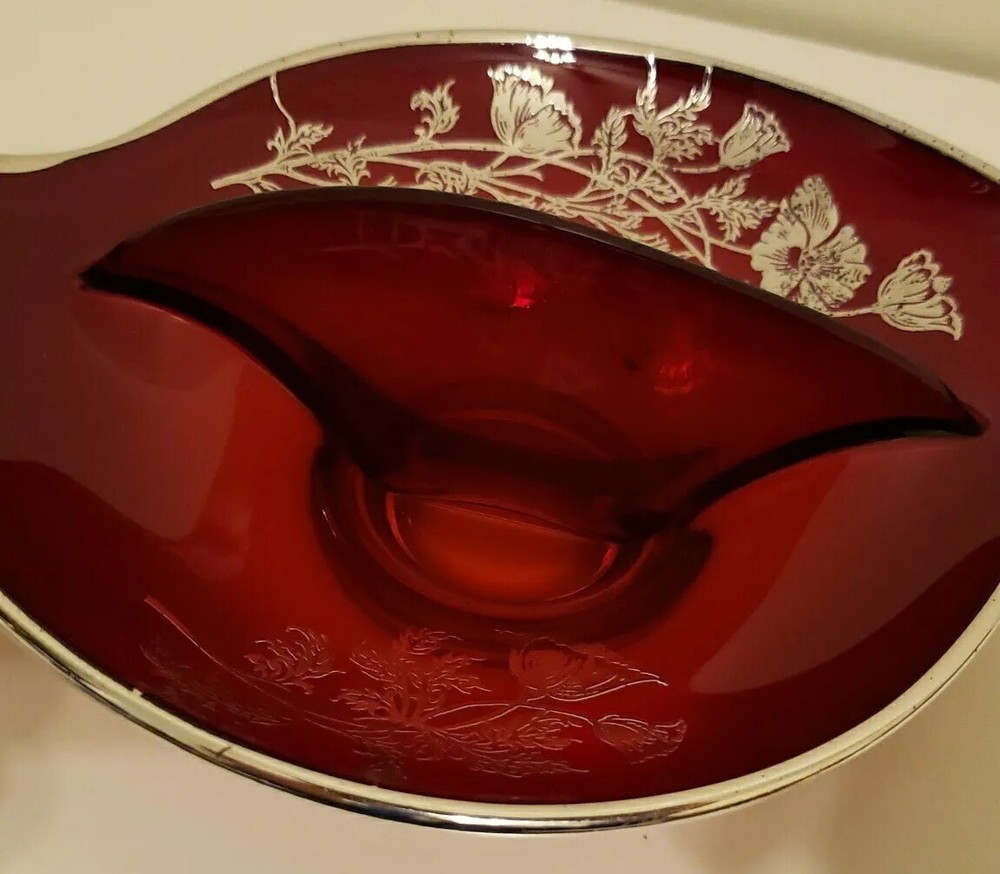 Vintage SILVER CITY Flanders Ruby Red Divided Dish Silver Overlay