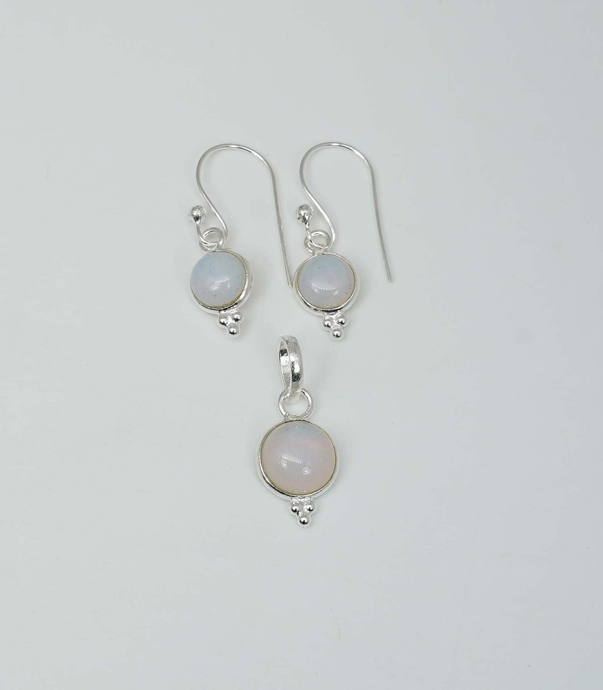 925 Solid Sterling Silver Milky Opalite Hook Earring Pendant Set