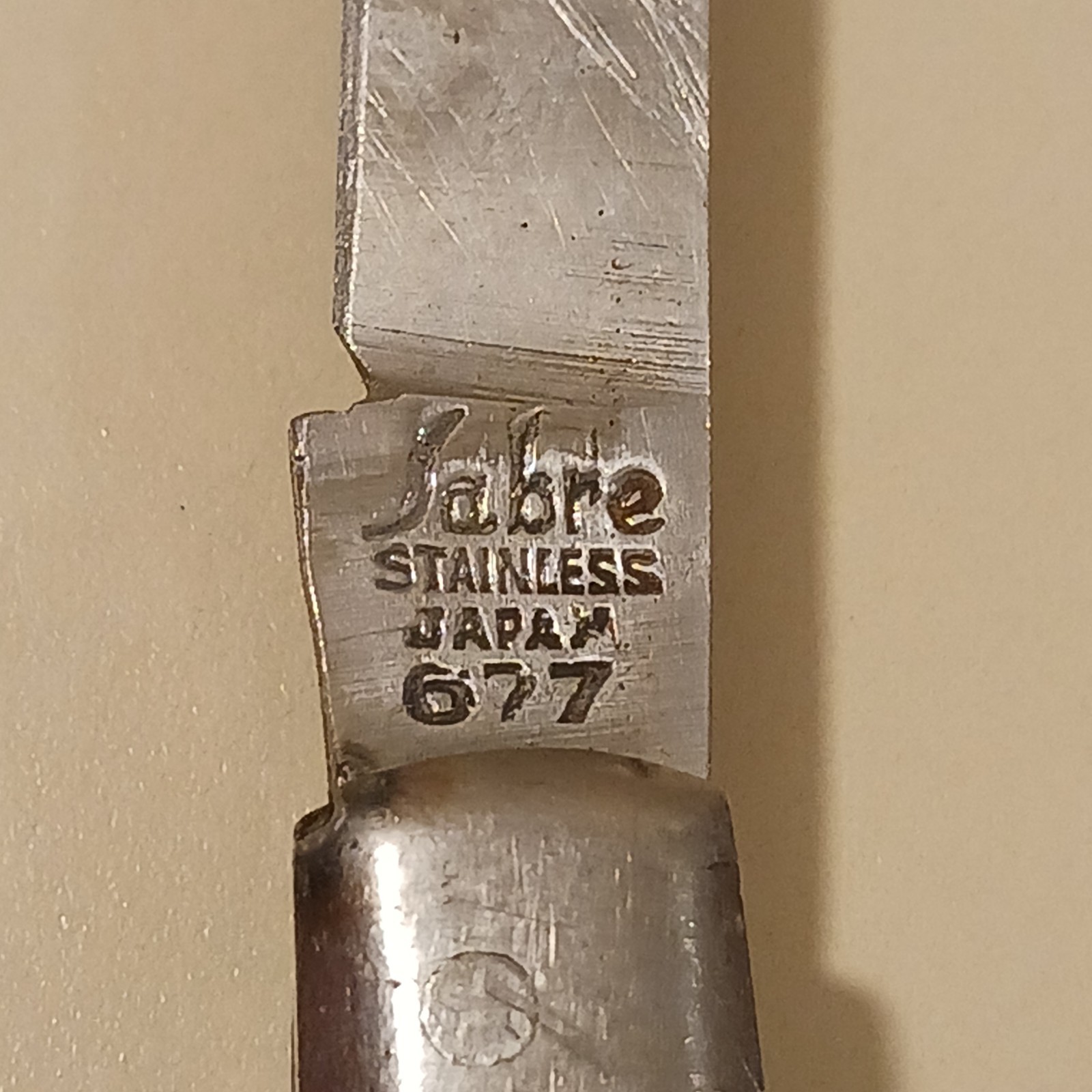 Sabre Stainless Steel Japan 677 Folding Fruit Melon Knife White Celluloid Handle