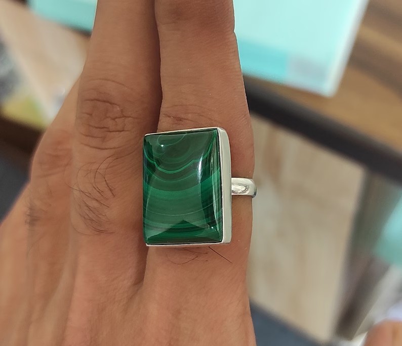 Solid 925Sterling Silver Rectangular Malachite Stone Handmade Women's Band Ring