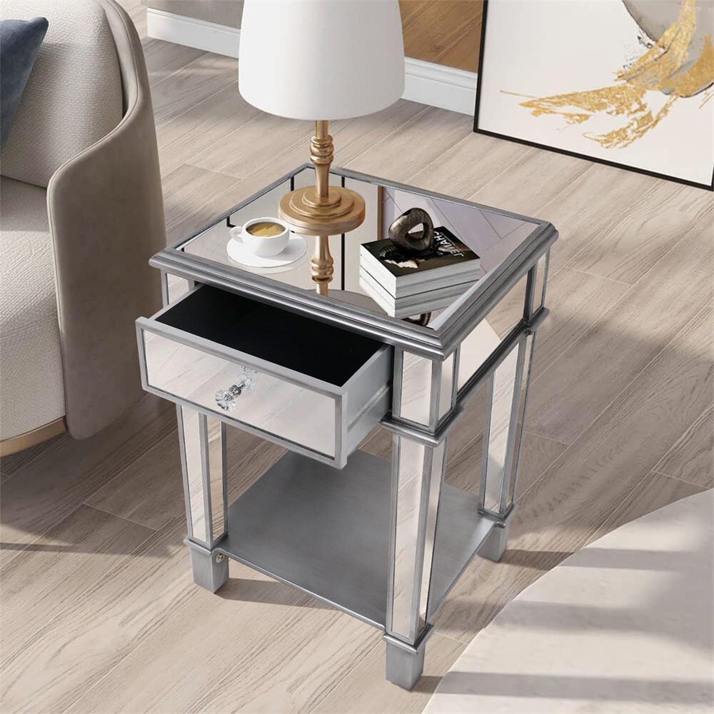 Drawer Mirrored Nightstand Side End Table Bedside Table for Bedroom Living Room
