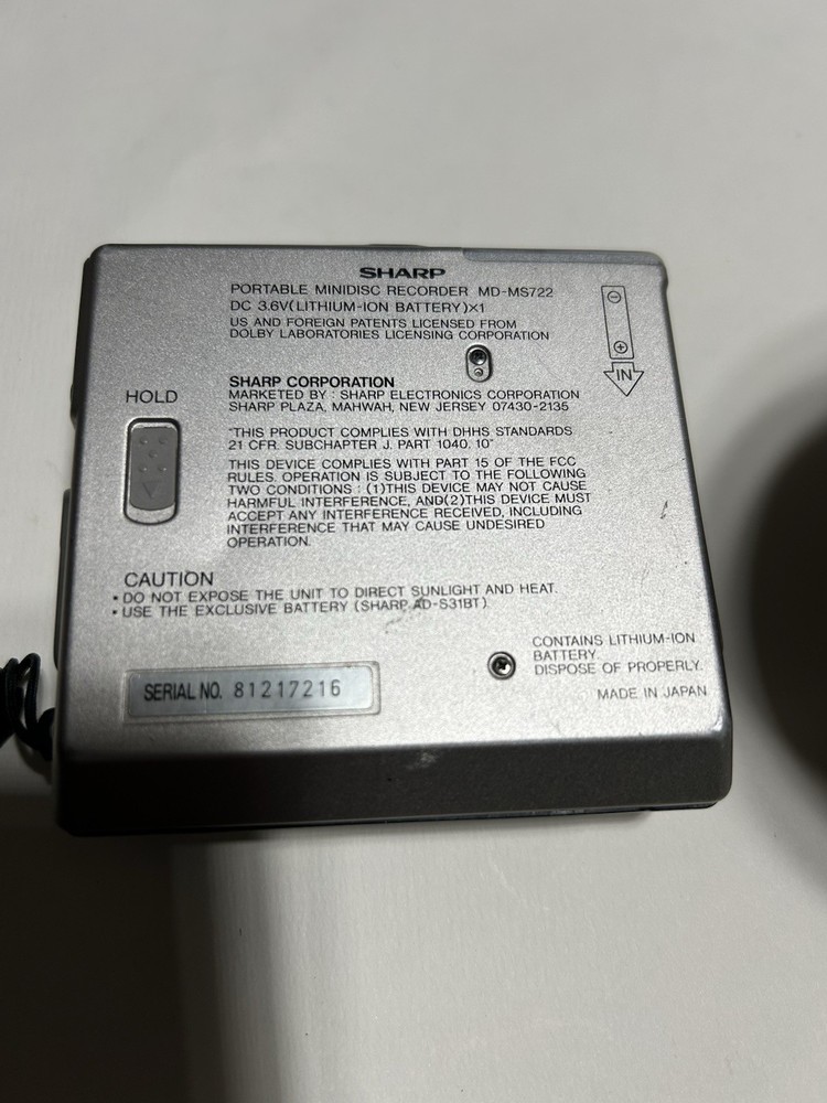 Sharp MD-MS722 Portable MiniDisc Recorder/Player with Remote (tested Works)
