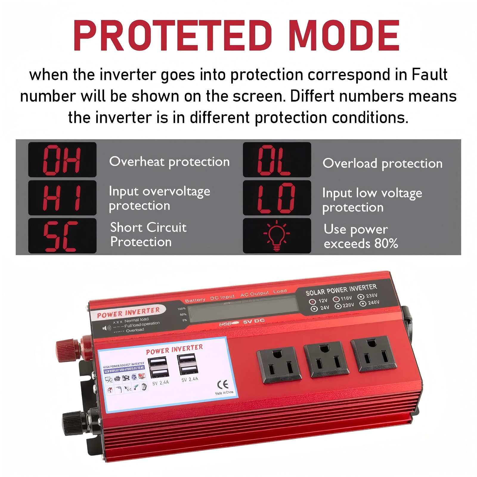 Car Power Inverter 5000W DC 12V To AC 110V Pure Sine Wave Solar Converter 4 USB