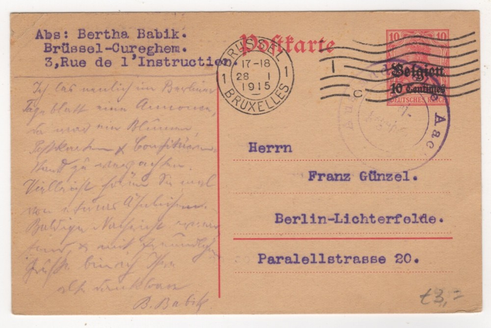 1915 Jan 28th. Censor Occupation Postal Card. Brussels to Berlin, Germany.