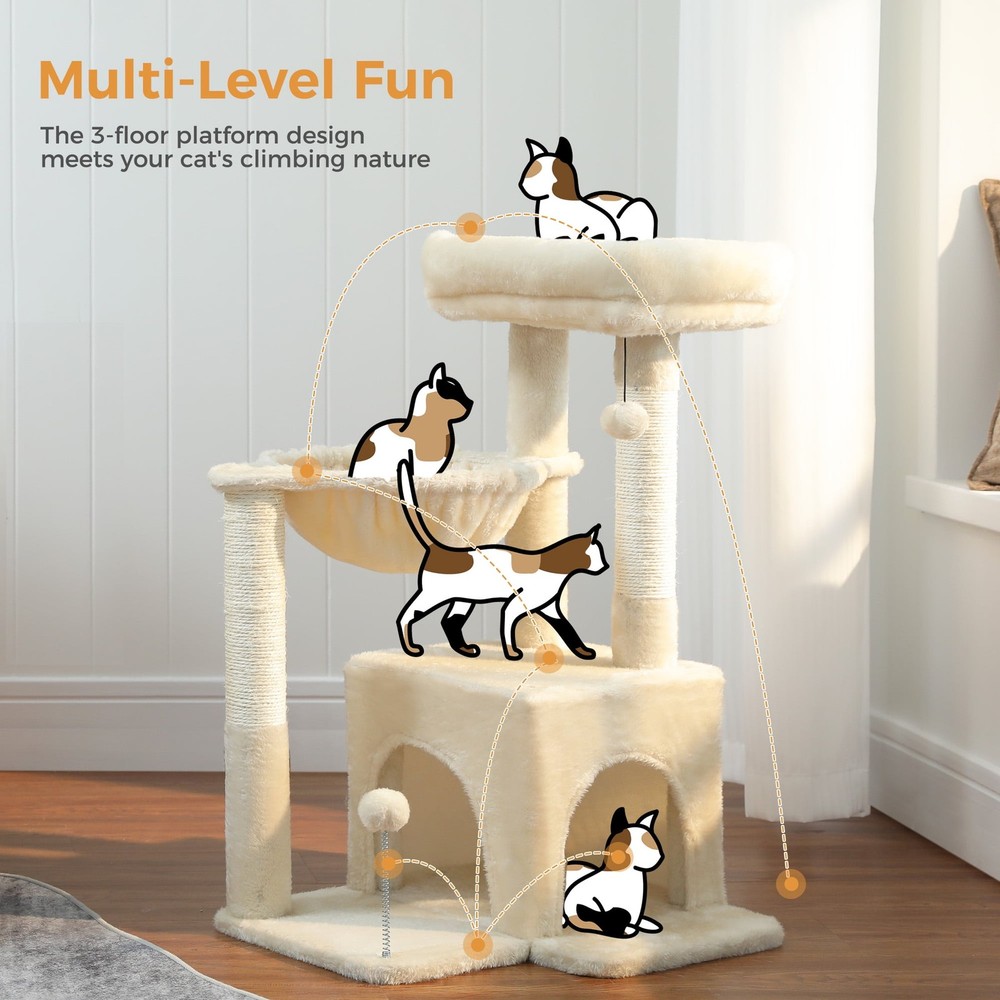 29.5" Cat Tree Tower w Hammock Top Perch & Sisal Scratching Posts Beige