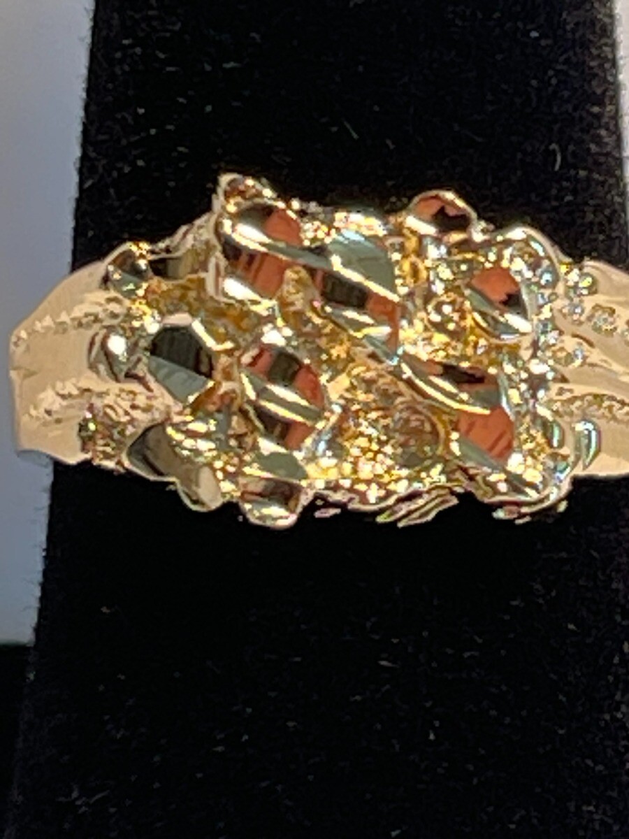 MENS,BOYS 14 KT GOLD PLATED DESIGNER NUGGET R4, SQUARED OFF RING SIZES 4-13