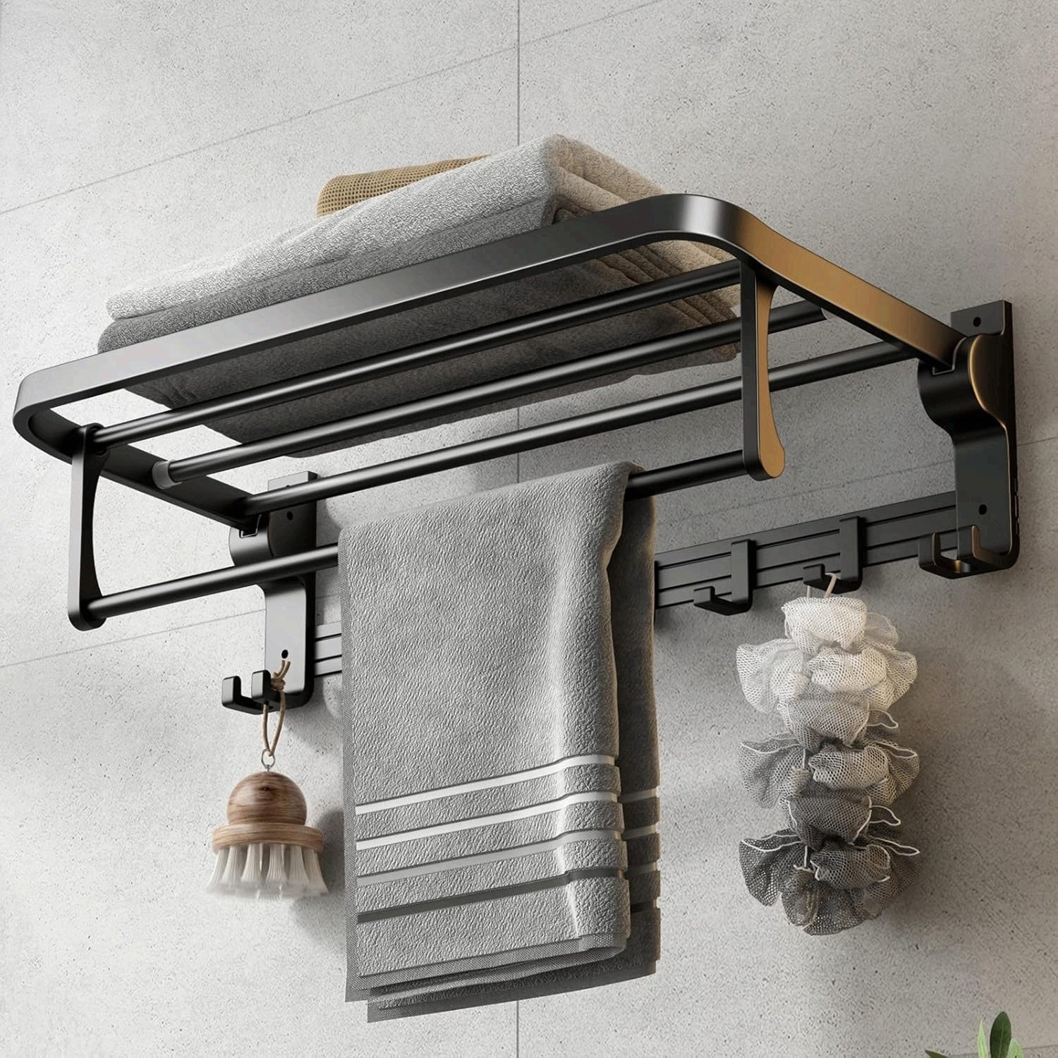 24 Inch Towel Rack with Towel Bar Holder Foldable Towel Shelf with Movable Hooks