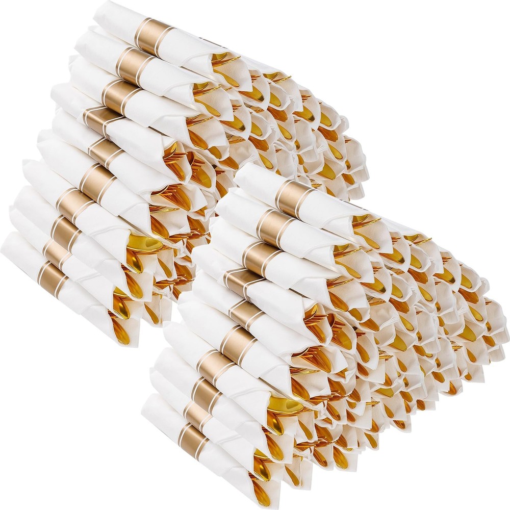 Goodluck 100 Pack Pre Rolled Gold Plastic Silverware, Wrapped Plastic Cutlery...