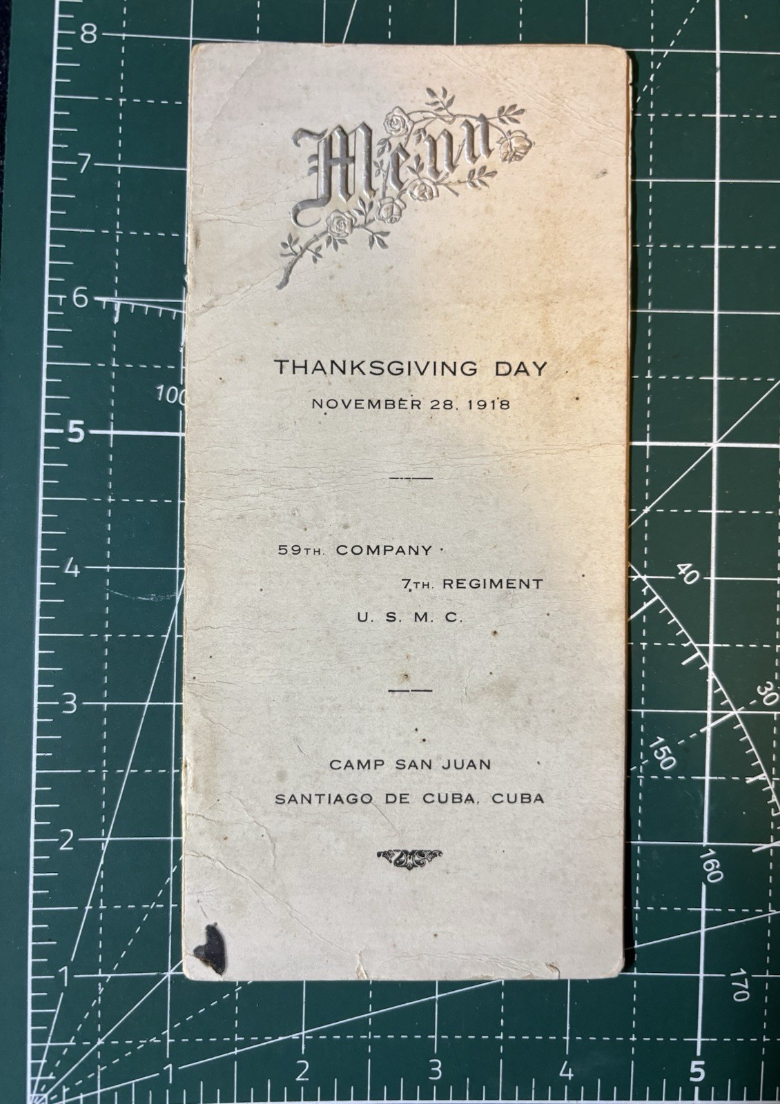 WW1 USMC Rare 59th CO 7th Marine Regiment Thanksgiving Menu 1918