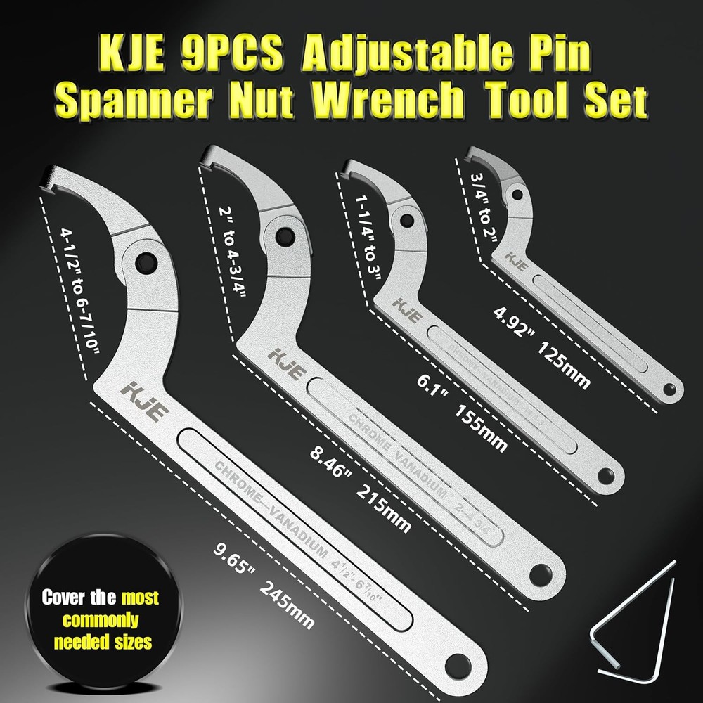 10PCS Adjustable Pin Spanner Nut Wrench Tool Set, C-Shape Pin Hook Wrench Tools