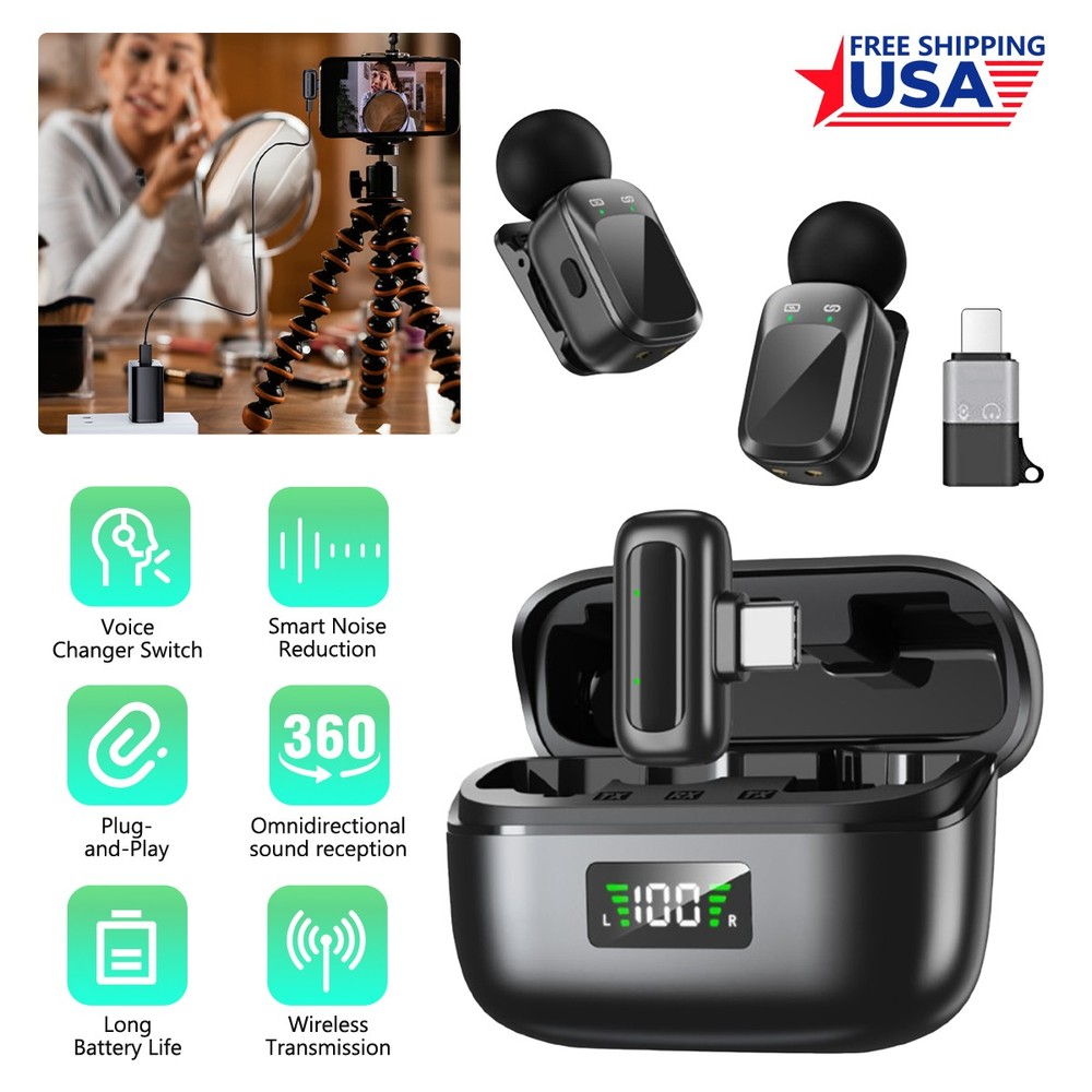 Wireless Microphone Mini Mic for iPhone/Android Phone, LED Display Lavalier Mic-