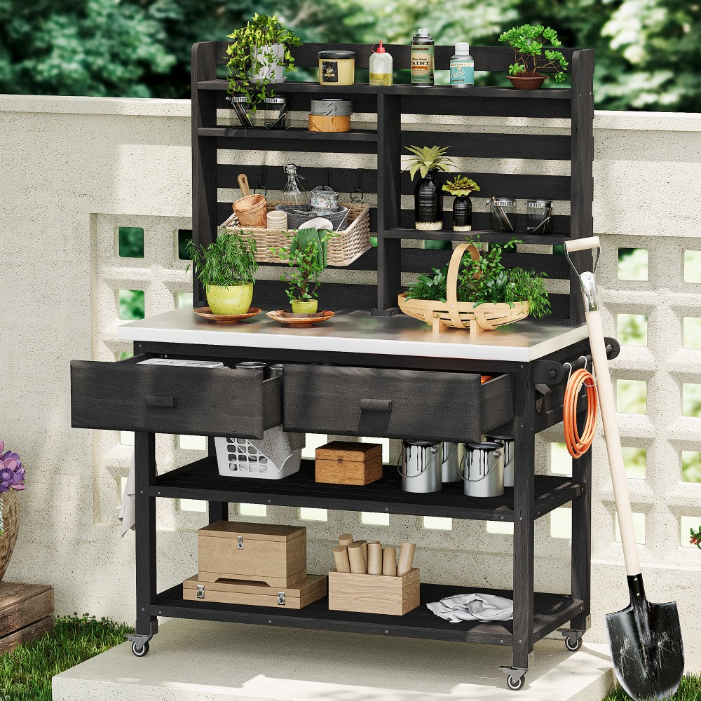 64.9"H Solid Wood Potting Bench Table w/ Lockable Wheels,Outdoor Kitchen Storage