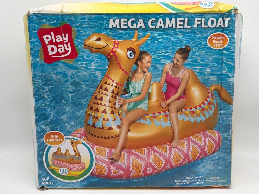 Play Day Mega Camel Pool Float For Adults 8.5 Ft Long Includes Repair Patch Grip