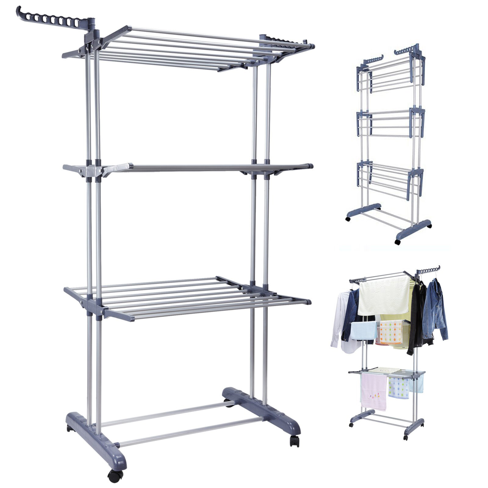 67" Heavy Duty Laundry Clothes Drying Rack Portable Folding Rolling Dryer Hanger
