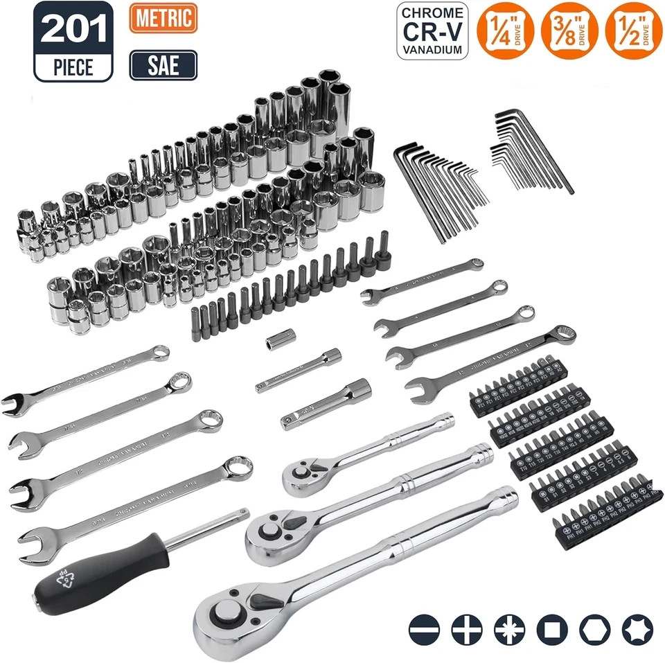 Mechanic'S Socket Tool Set with Case, SAE and Metric Sizes, 201-Piece