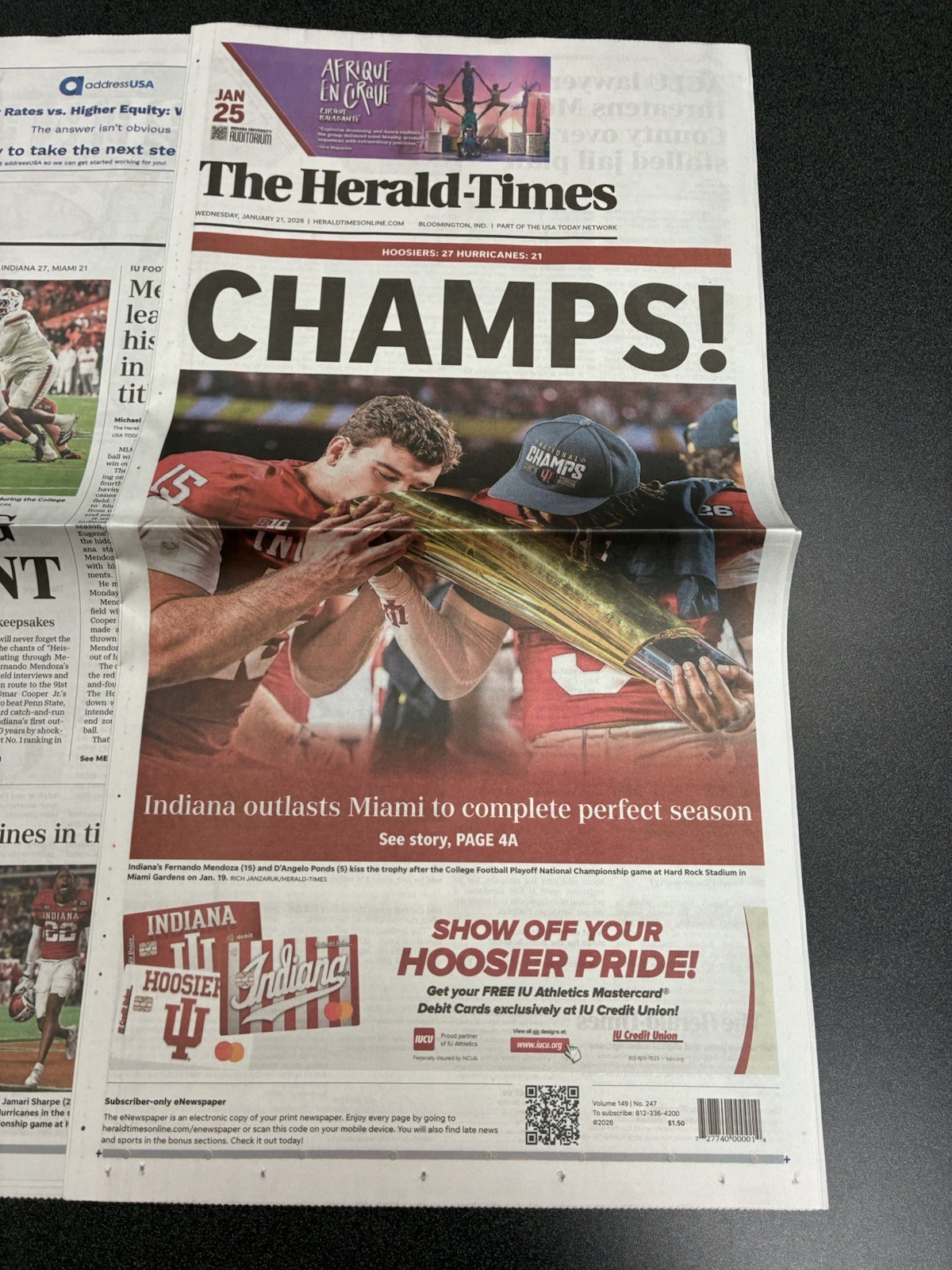 🏈 IU National CHAMPS The Herald Times -Bloomington Jan, 21 2026 Mendoza