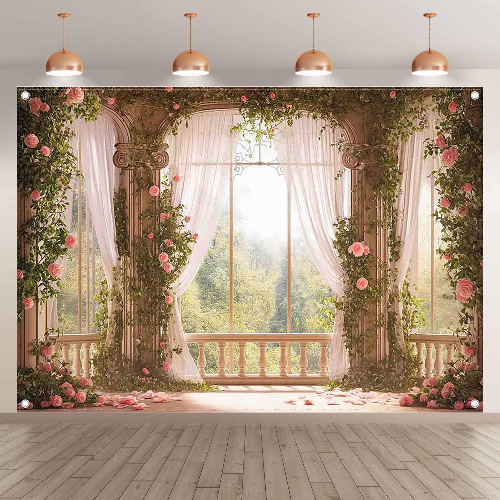 7x5ft Fabric Spring Window Scenery Photography Backdrop Pink Floral Green For...