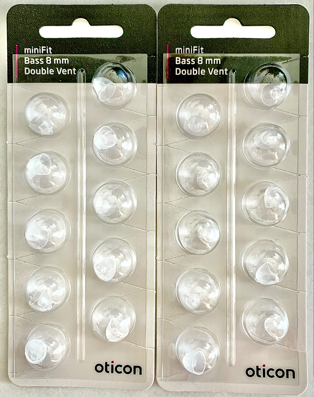 2 Pack Oticon miniFit 8mm Bass Double Vent Domes For Hearing Aids/20 Domes Total