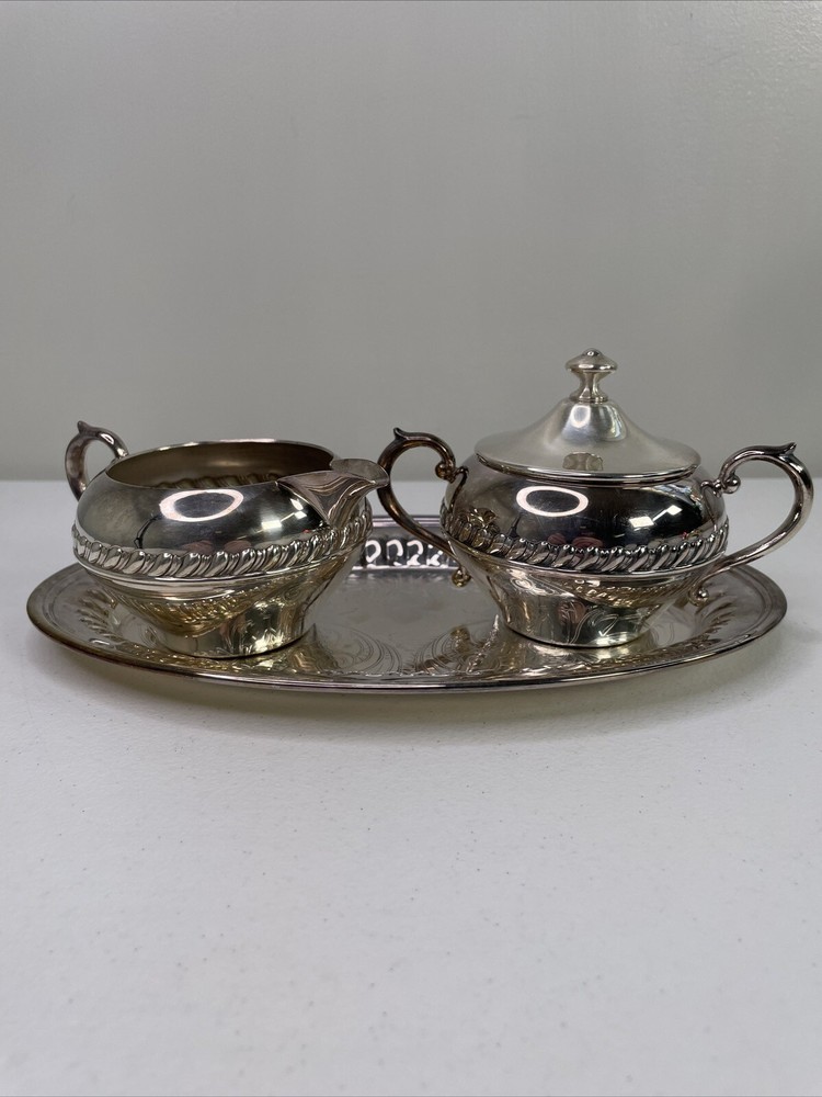 Creamer & Sugar Bowl w/ Tray Silver on Copper Silverplate Braid Rope Set 3 VTG
