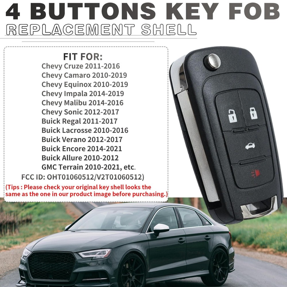 2 Pack Flip Key Fob Case Shell Replacement 4 Button for Chevy Cruze Black