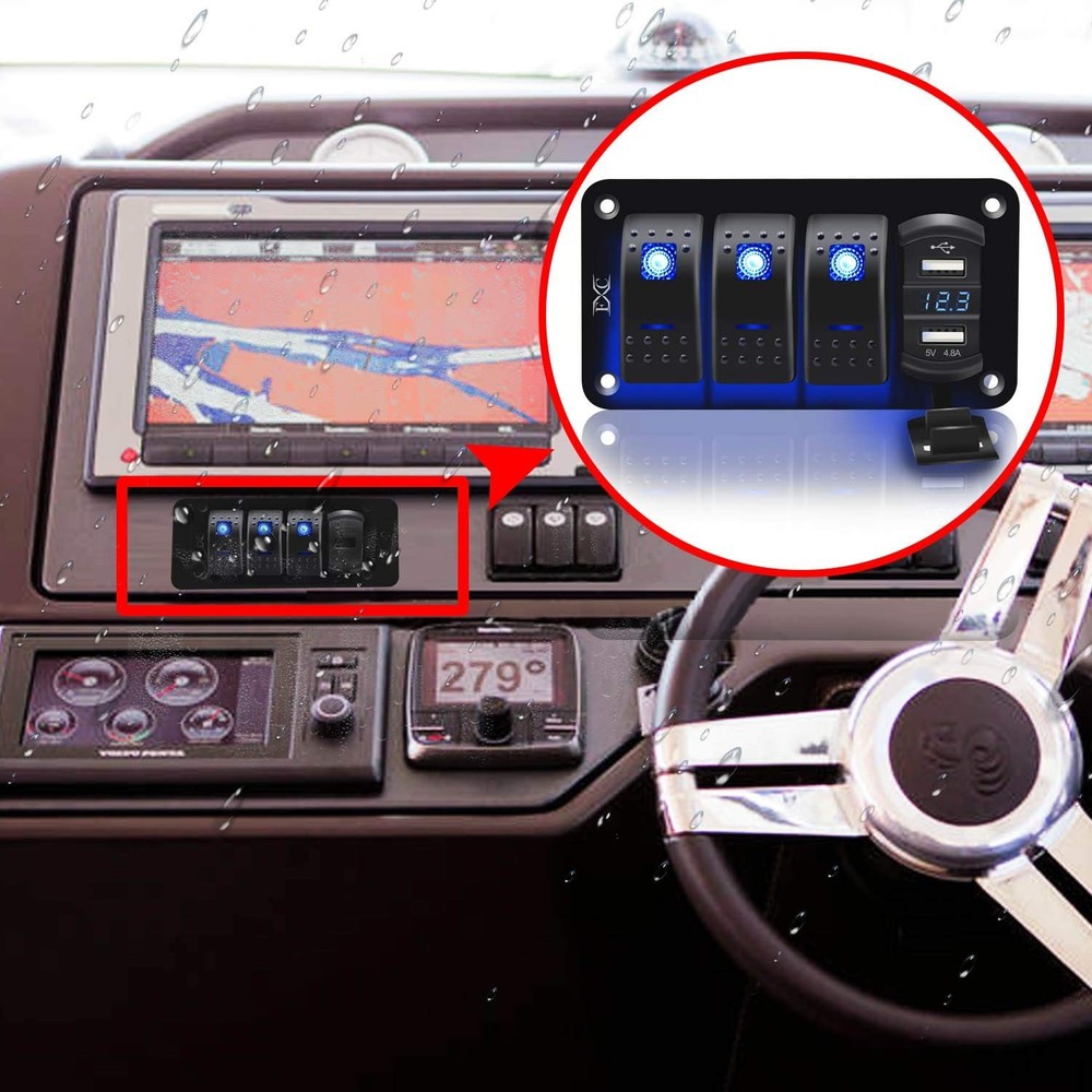 Multi-Function 3 Gang Rocker Switch Panel with Blue LED, USB Charger & Voltmeter