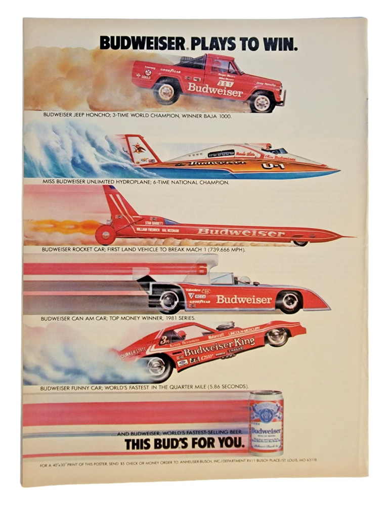 Original 1982 Budweiser Plays to Win ad  8.5x11