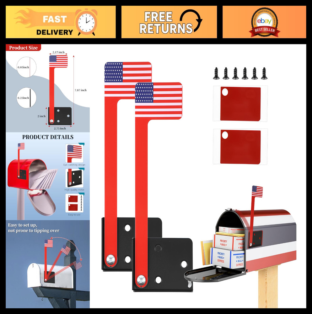 2 Pack Red Mailbox Flag Replacement Kit - Easy Install Metal Flags with Adhesive