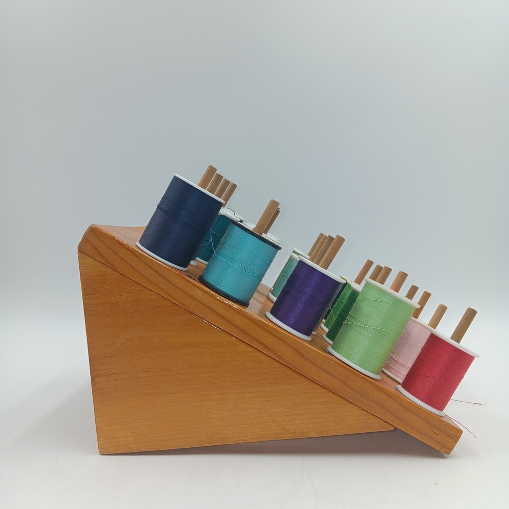 Vintage Wooden 20 Spool Handmade Thread Holder With Thread.
