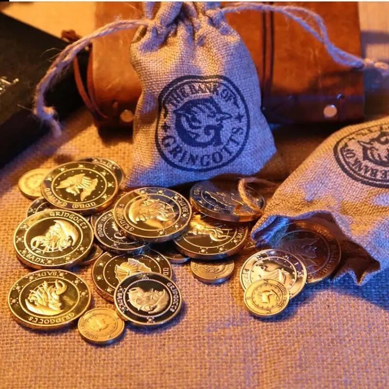 Harry Potter Gringotts Bank Wizarding World Galleons in Burlap Sack 3 Coins