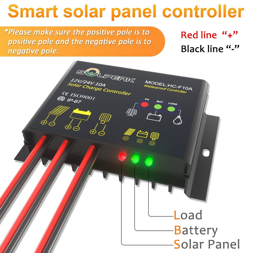 SOLPERK 10A Solar Charge Controller Waterproof Solar Panel Controller 12V/24V...