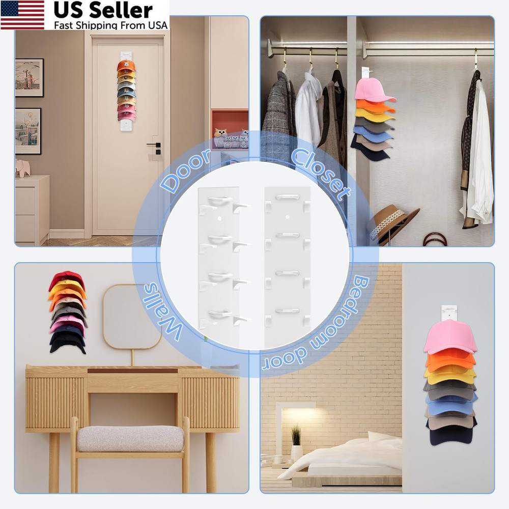 Hat Organizer for Baseball Caps, 2 Pack Rack Wall Hold 2 Pack, White