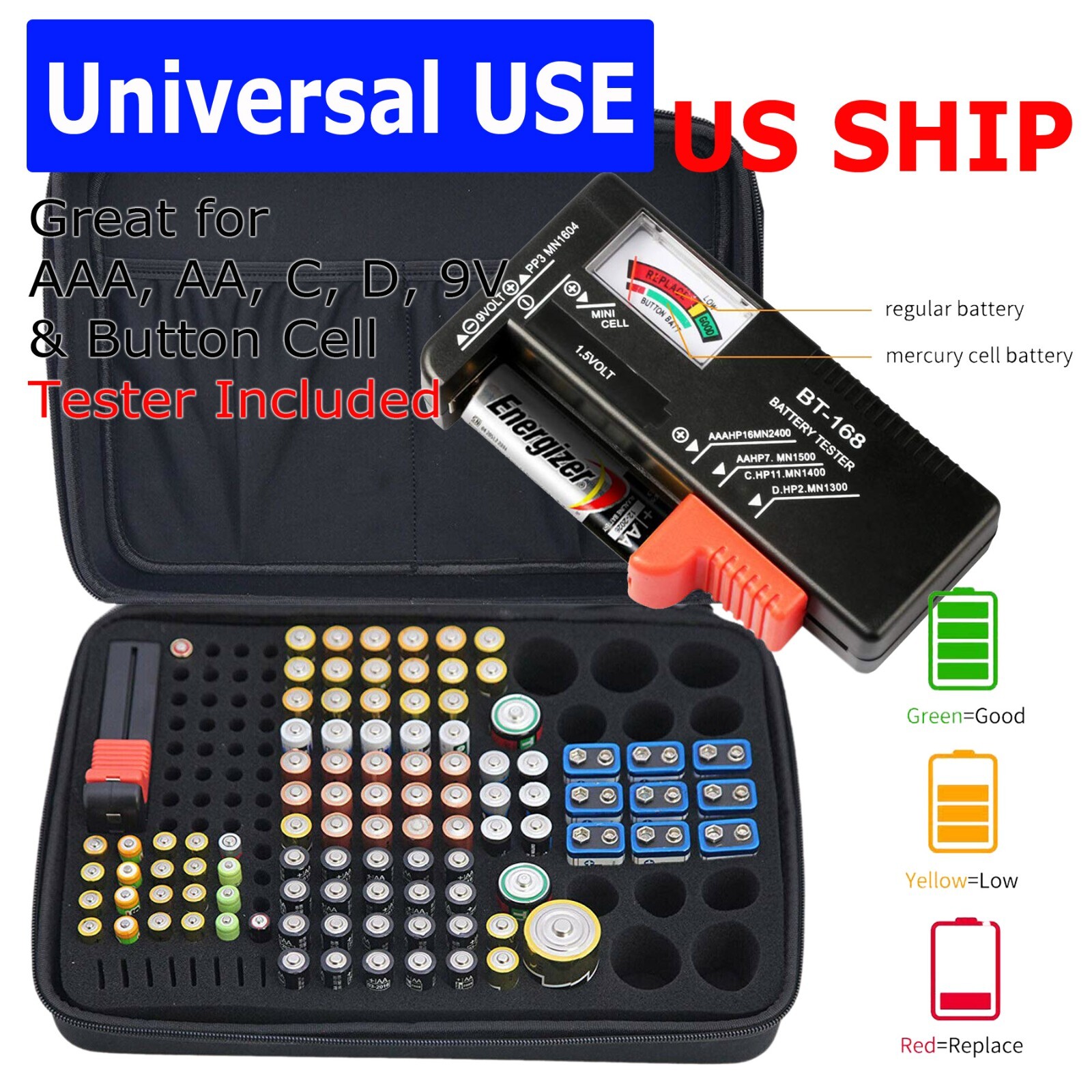 Battery Organizer Case with Tester, Storage Holder for Batteries, Garage Box