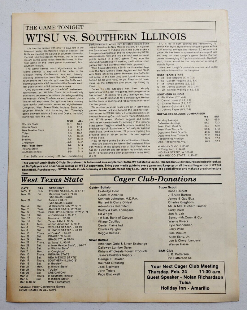 1982-1983 Running' Buffs WTSU Basketball Program