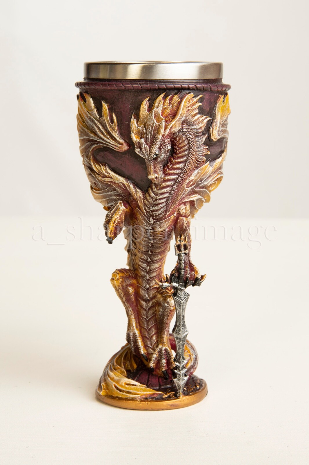 Fierce Guardian 'Flame' Dragon + Sword Wine Goblet, Gothic Fantasy Sculpture