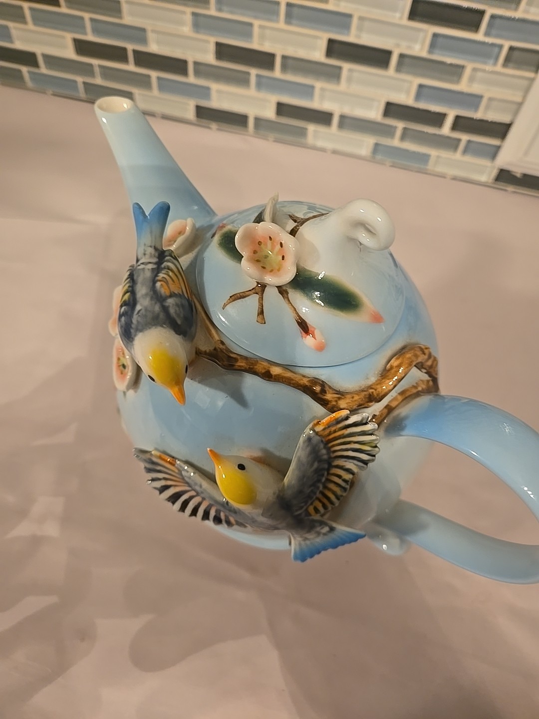 Pier 1 Imports Hand Painted Porcelain 3D Decorative Teapot Birds Flowers 7”