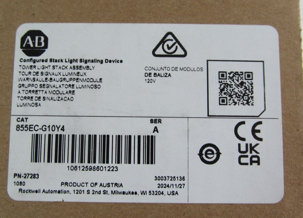 NEW ALLEN BRADLEY 855EC-G10Y4 CONTROL TOWER STACK LIGHT ASSEMBLY