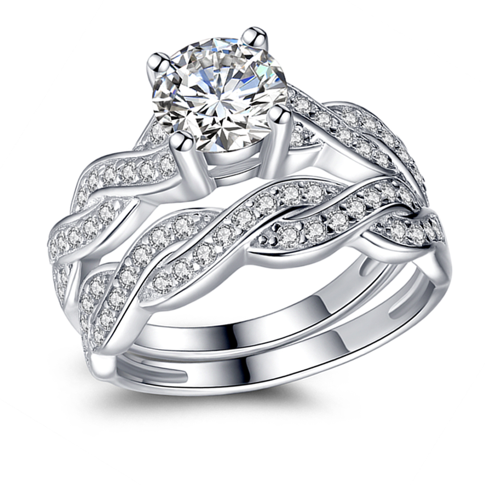 His Hers Sterling Silver CZ Infinity Couple Wedding Engagement Rings & Band Set