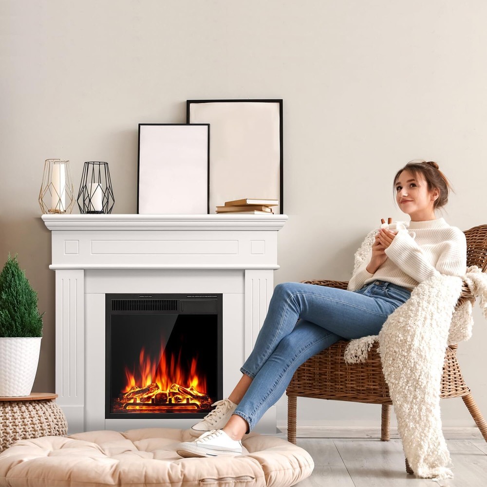 43” Electric Fireplace Mantel, Remote , Adjustable Led Flame,PEARLWHITE