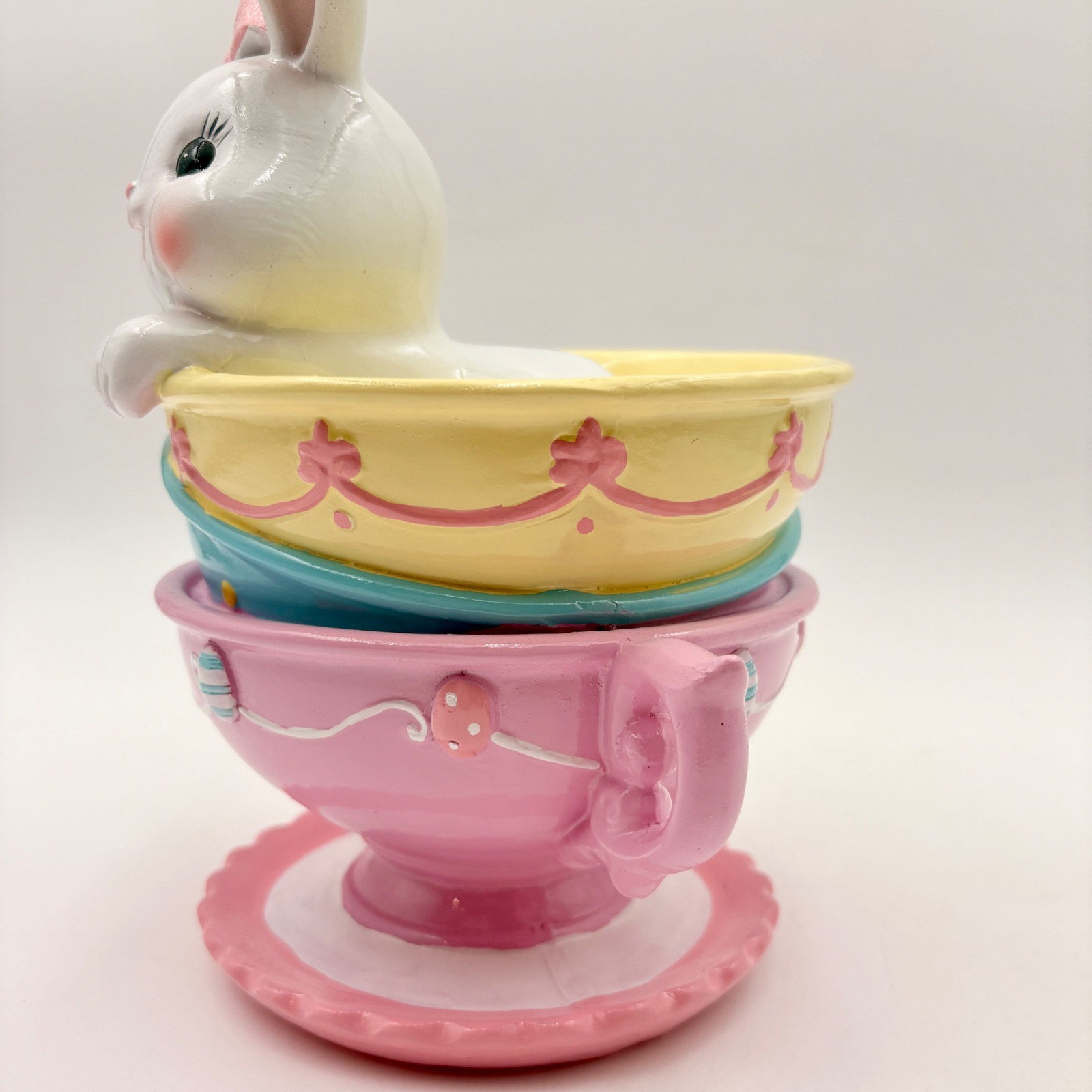 Easter Bunny Rabbit Stack Pastel Teacups Figurine Spring Decor Pink Blue Yellow