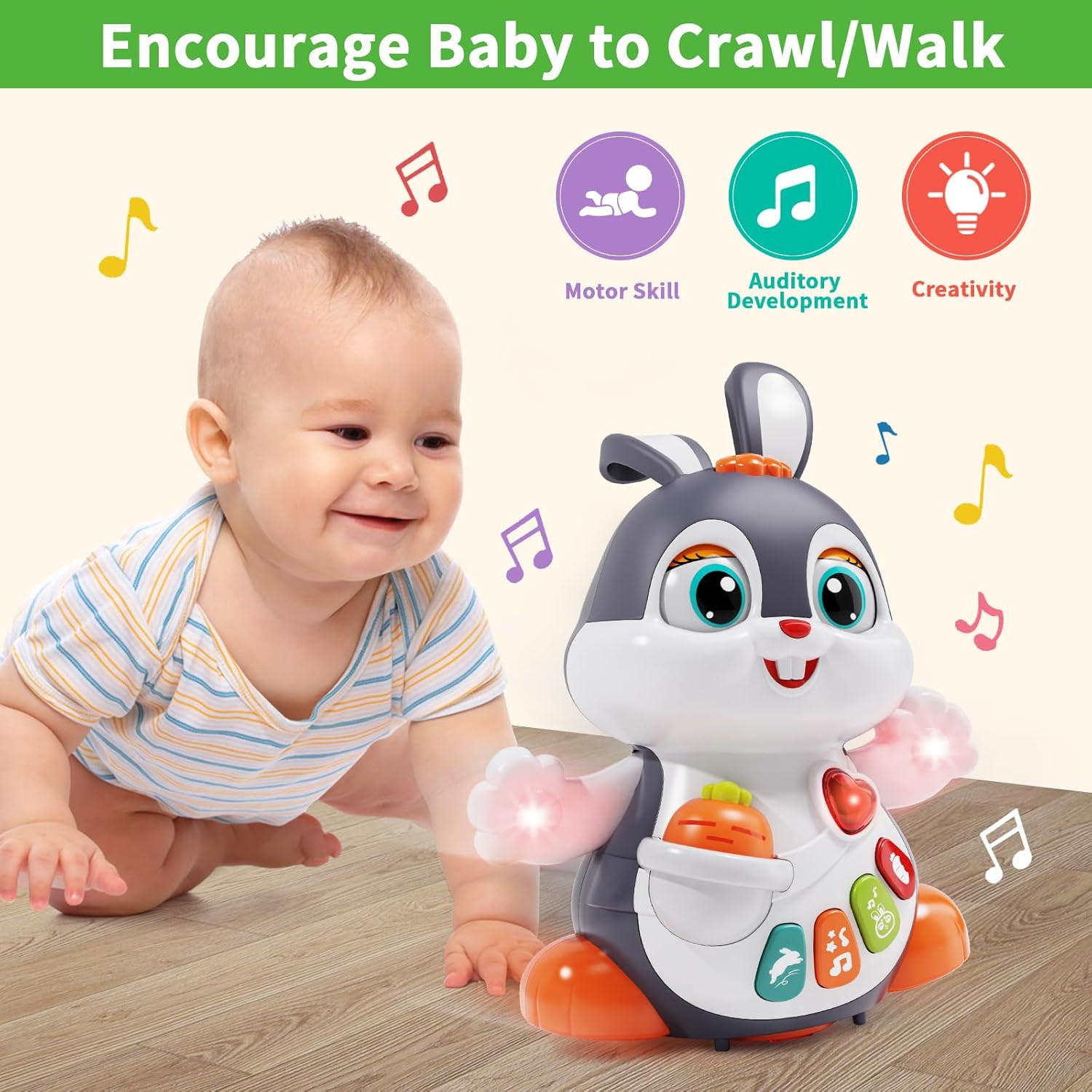 Baby Musical Easter Bunny Toy Dancing Crawling Tummy Time Toys, Light up Infant