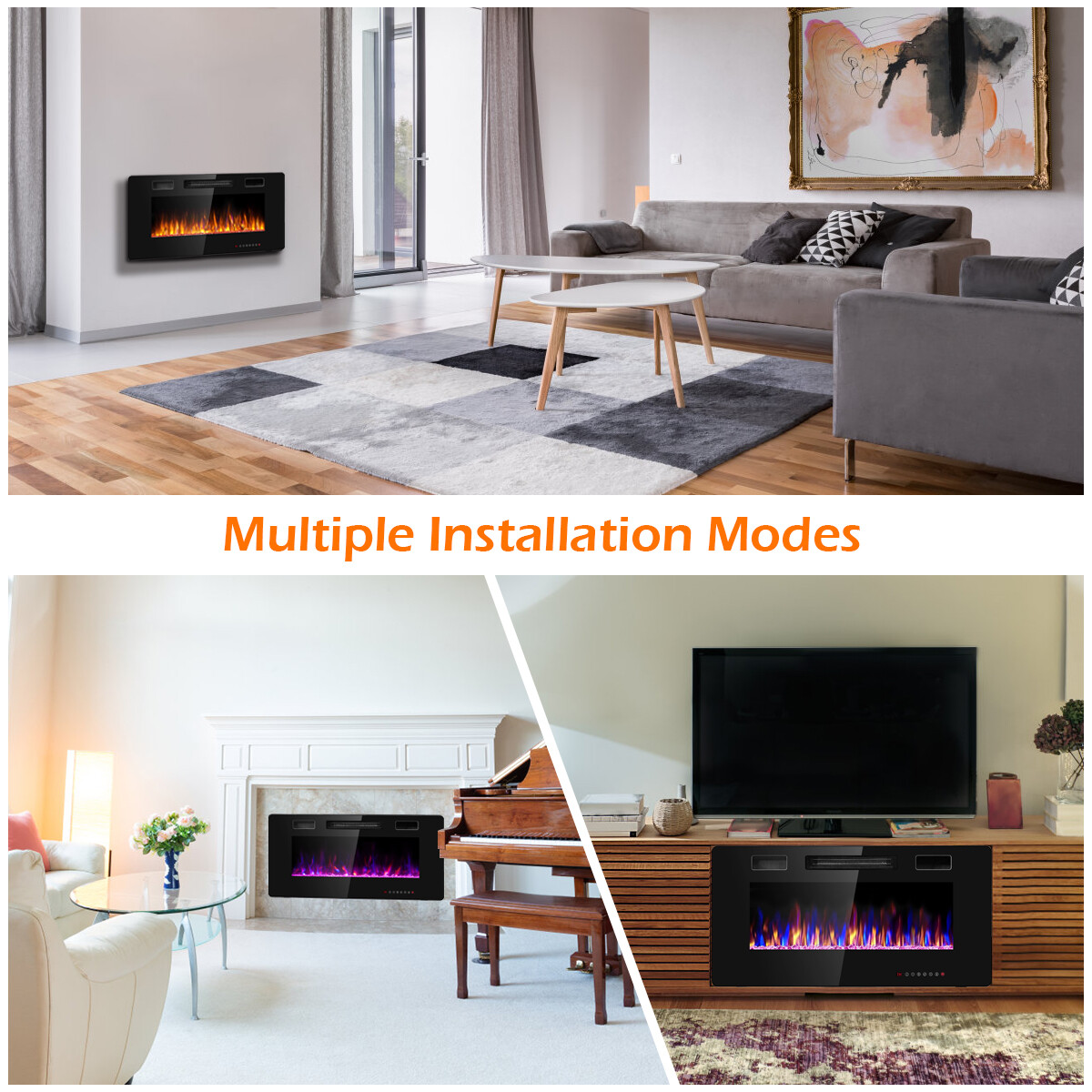36" Electric Fireplace Heater Recessed Ultra Thin Wall Mounted Multicolor Flame