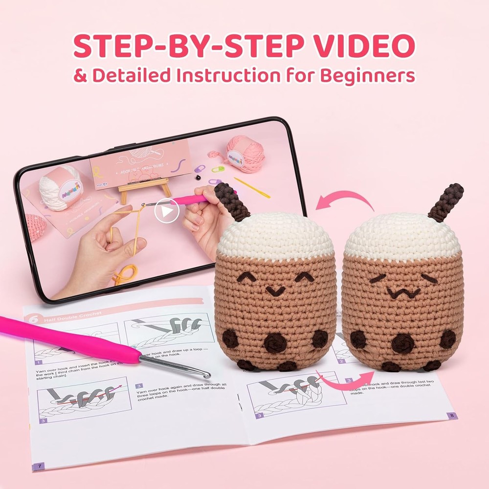 Crochet Kit for Beginners – Multi-Emotion Boba w/ Yarn & Video Tutorials