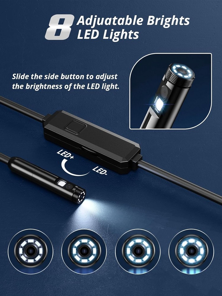 7mm endoscope camera with USB interface, 6 adjustable LED lights Type C/Micro US