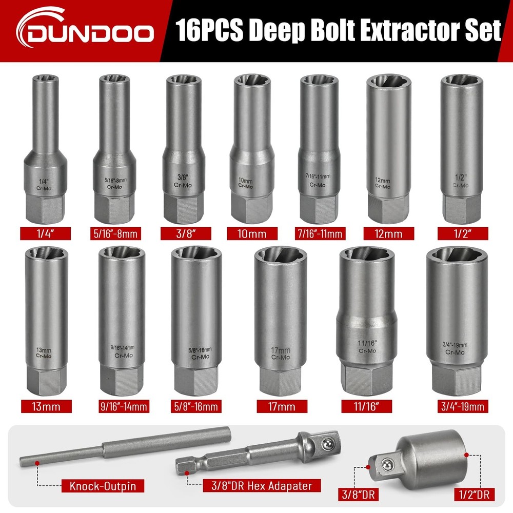 16pcs Bolt Extractor Kit, Stripped Bolt Extractor Set, Deep Long Easy Out Set...