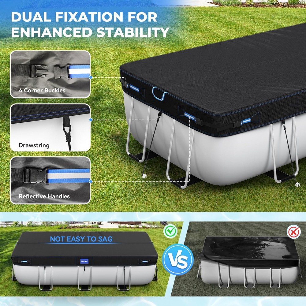 9x18 Ft Rectangular Pool Cover with Reflective Strips for Above Ground Pool, ...
