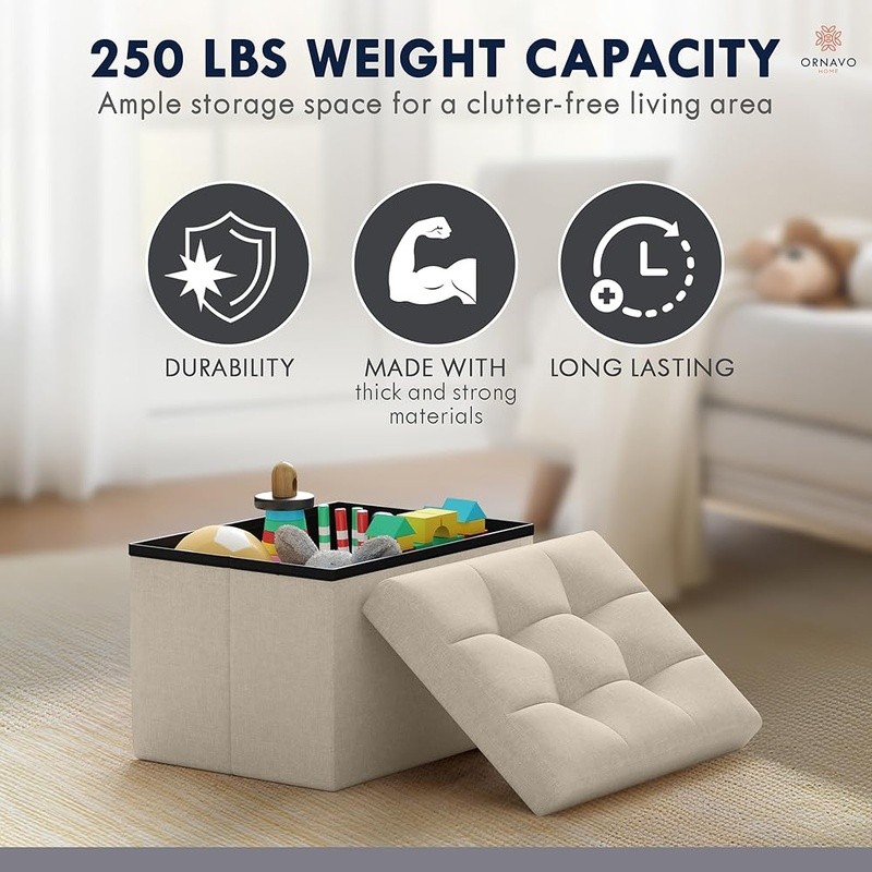 Foldable Storage Ottoman Multi-Use Footrest Comfortable Linen Rectangular Design